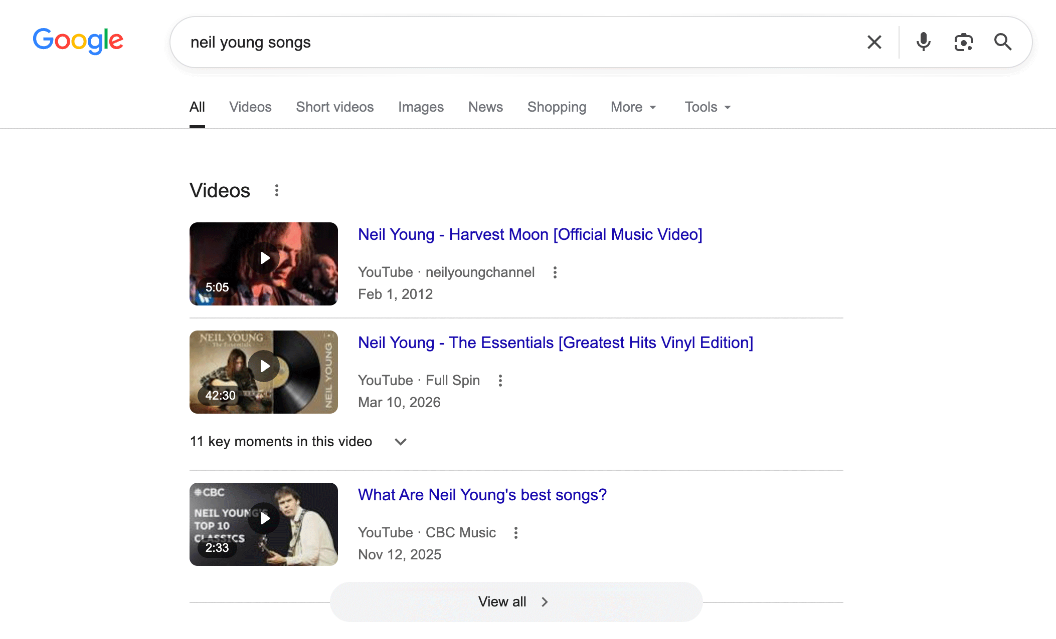 Exemple de carrousel vidéo Google Neil Young