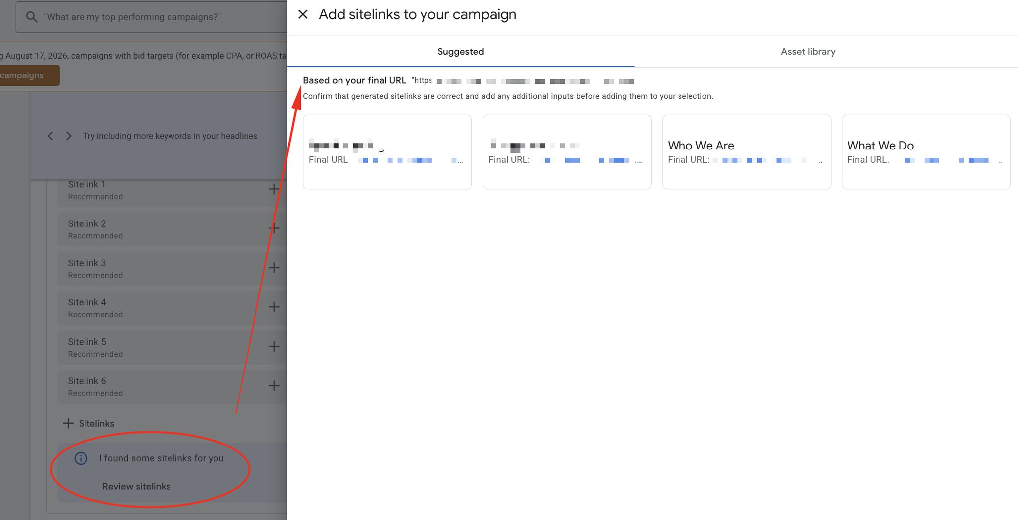 Suggestions de liens annexes Google Ads