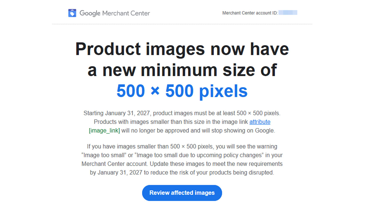 Annonce de taille minimale des images de produits Merchant Center