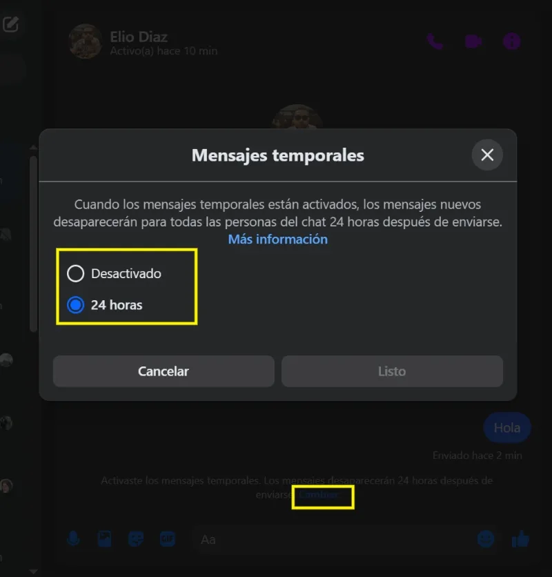 Modifier l'activation des messages temporaires de Facebook Messenger
