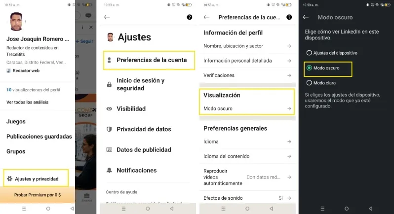comment activer le mode sombre dans la version application de LinkedIn