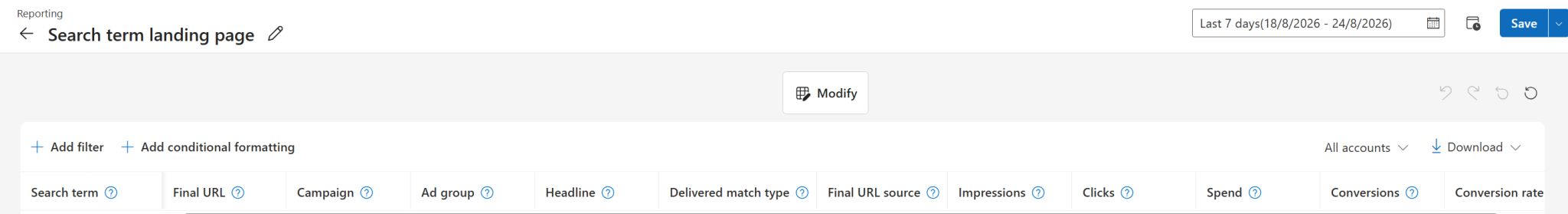 Rapport sur la page de destination des termes de recherche Microsoft Ads