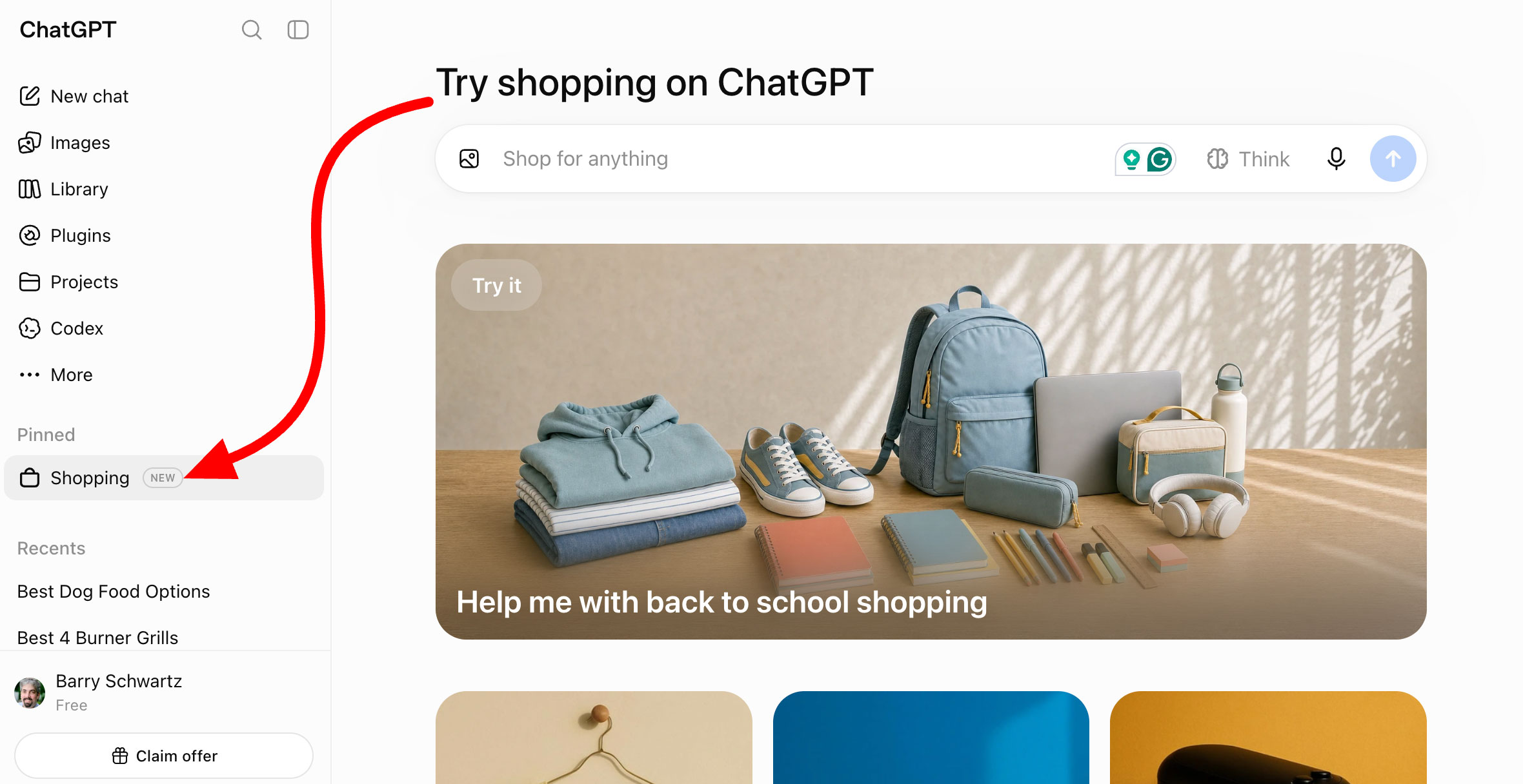 Onglet Shopping Chatgpt épinglé
