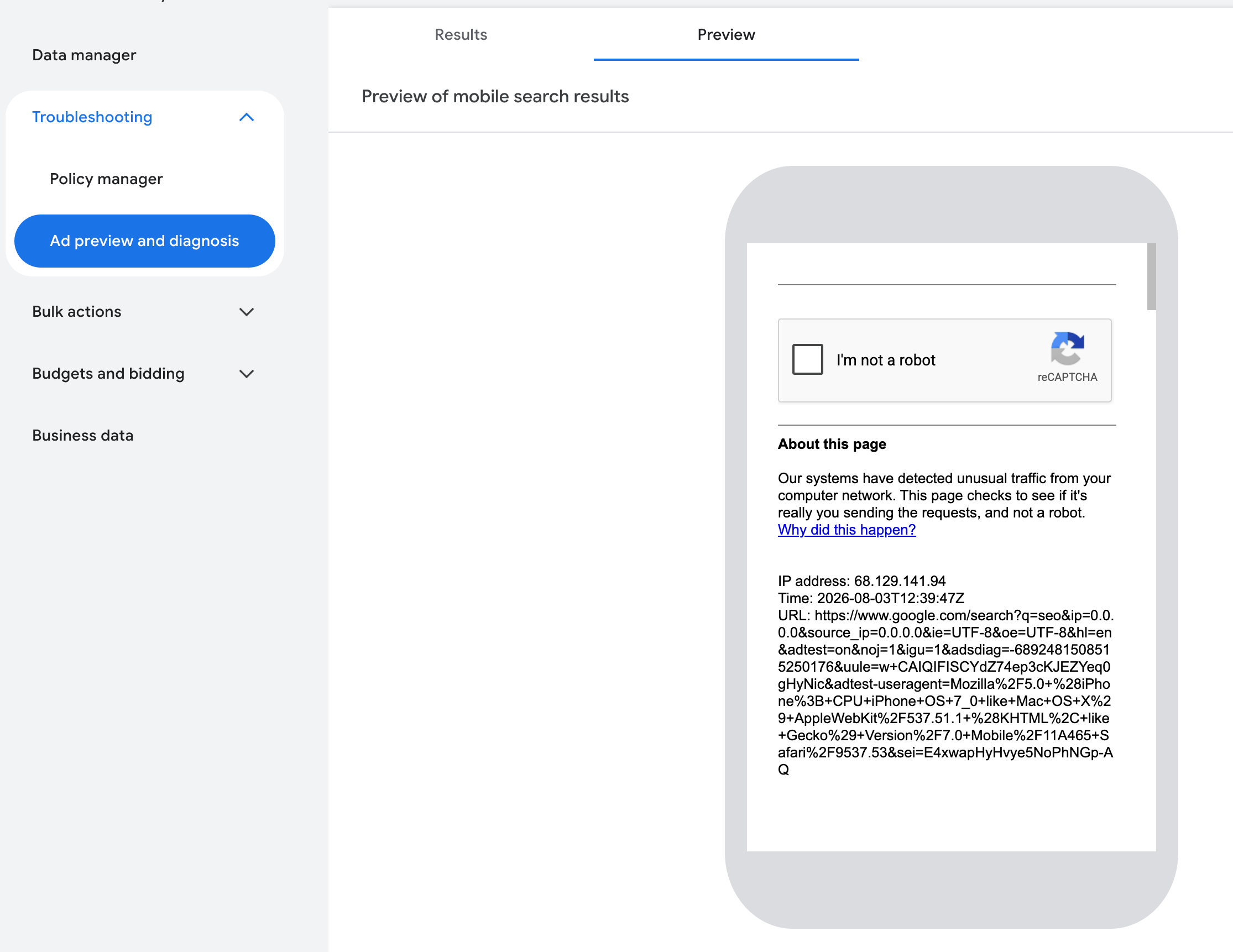 Aperçu de l'annonce Bug du robot Google Ads