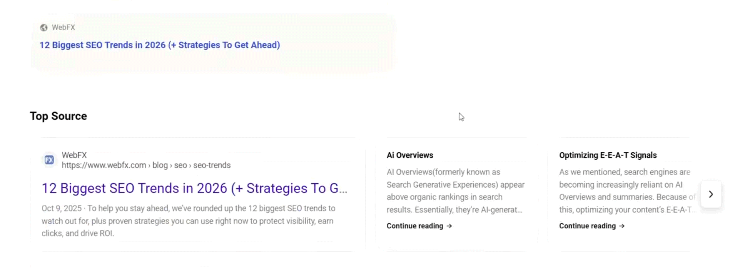 Section des principales sources de Bing