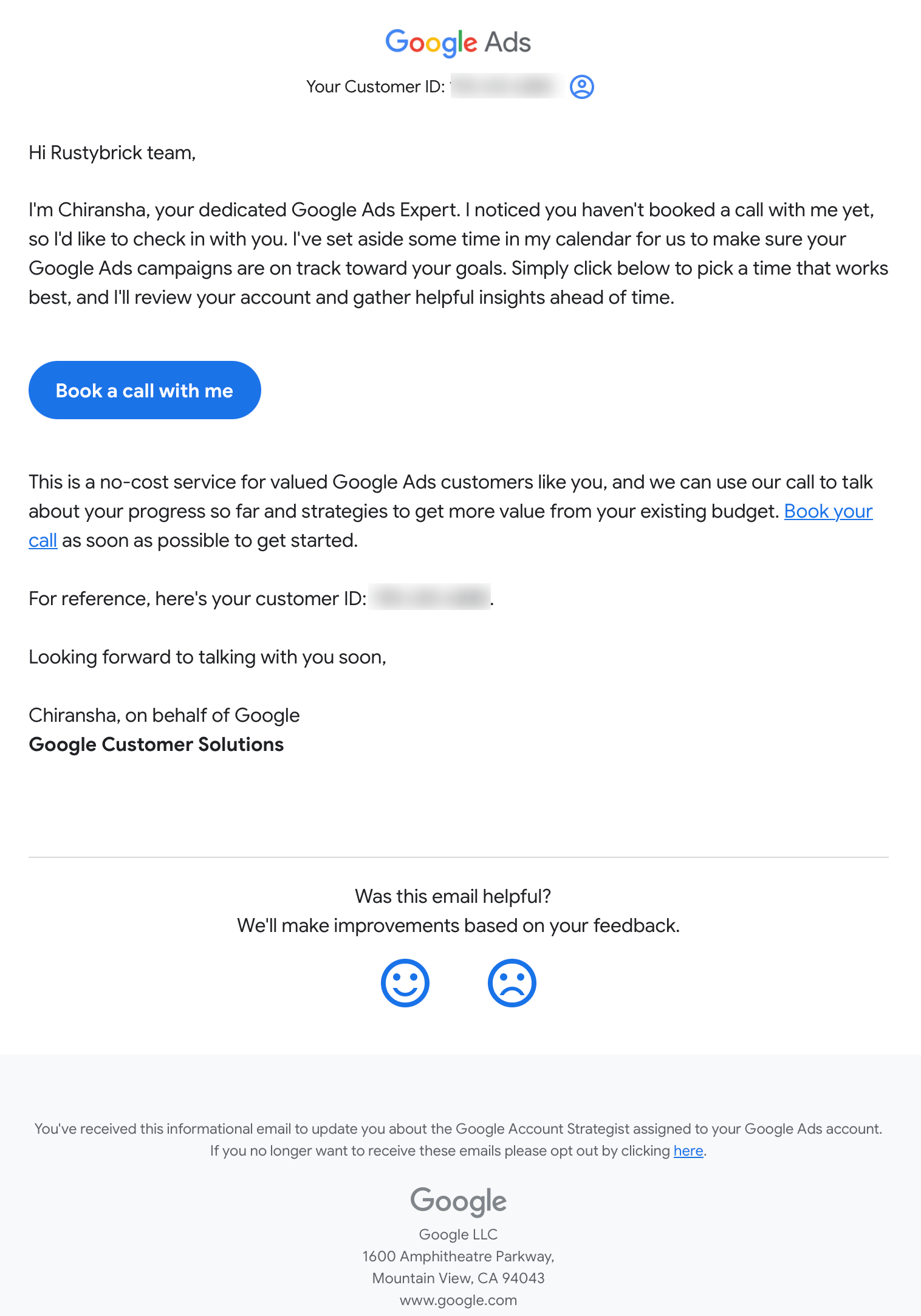 E-mail de sollicitation d'un expert Google Ads