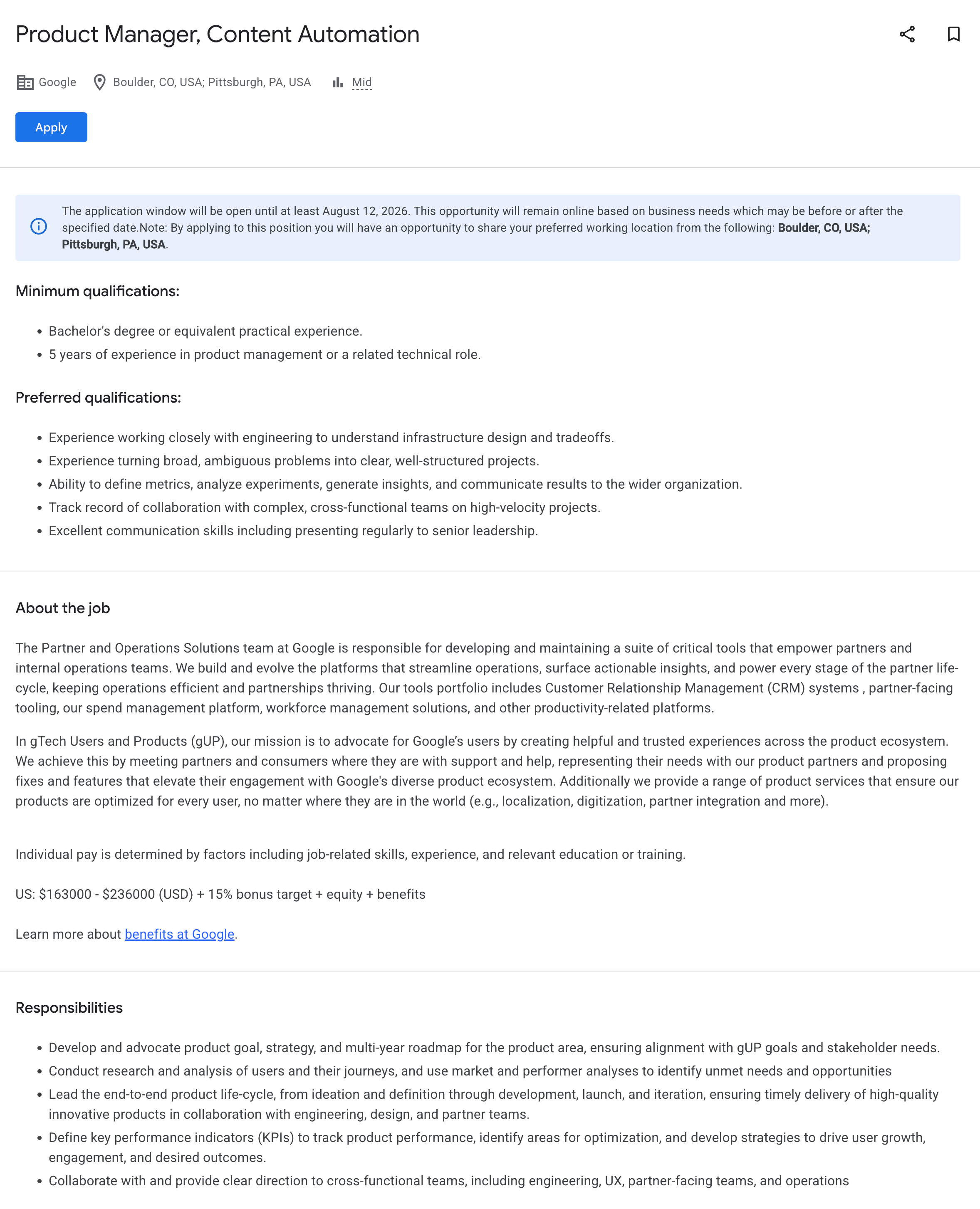 Chef de produit Automatisation du contenu Google Job