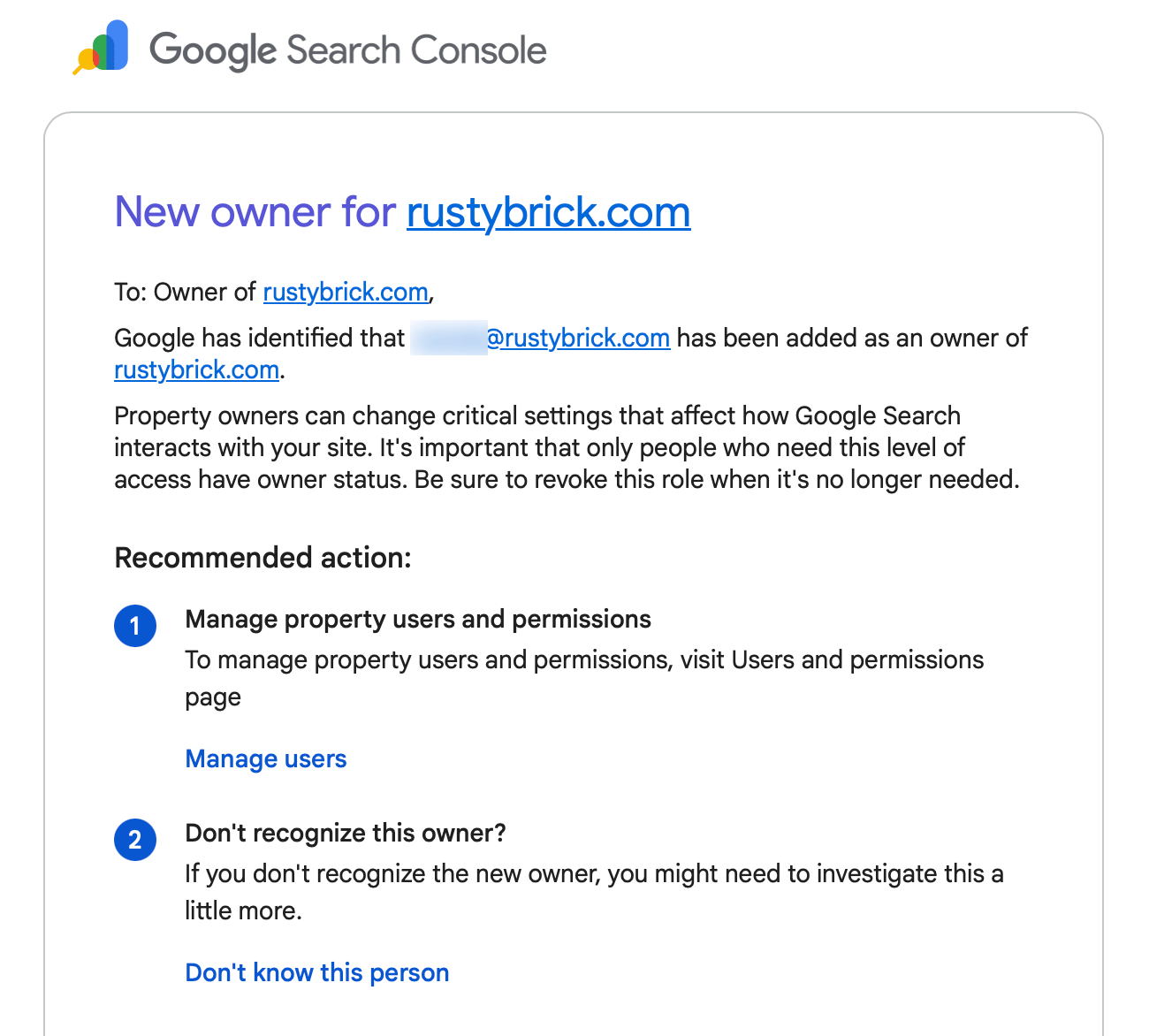 E-mail du nouveau propriétaire de la console de recherche Google