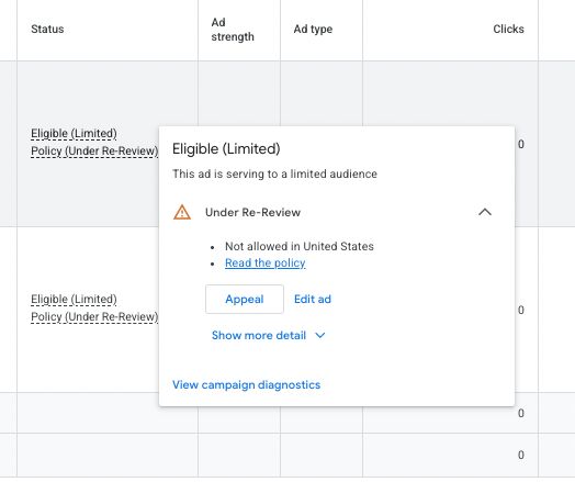 Statut de Google Ads en cours de réexamen