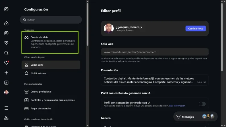 Compte Web Meta Instagram