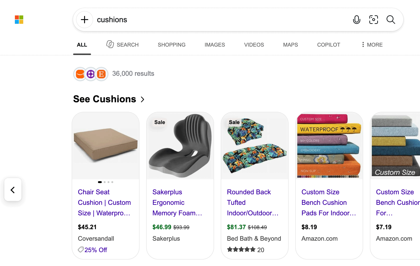 Carrousel de produits Bing sans favicons