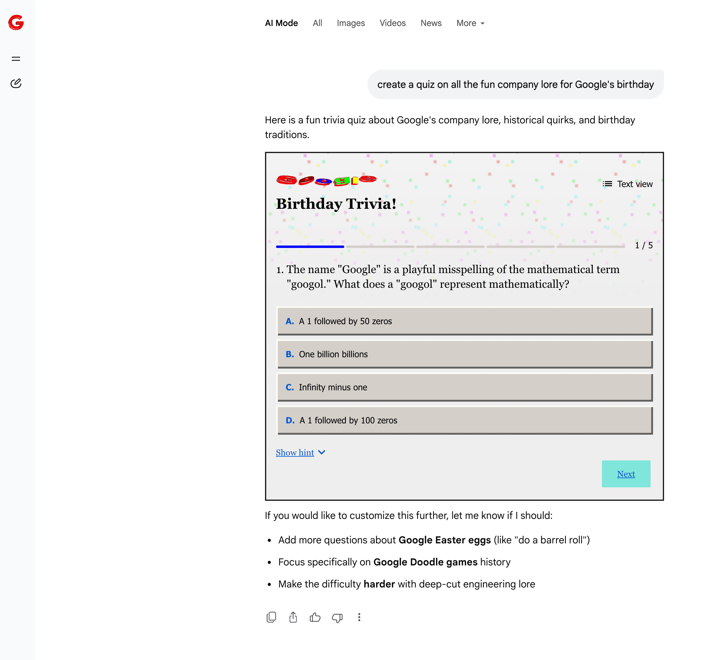 Quiz sur l'anniversaire du mode Google Ai