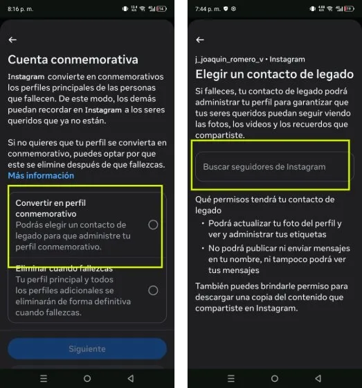 choisissez le contact hérité d'Instagram à votre décès