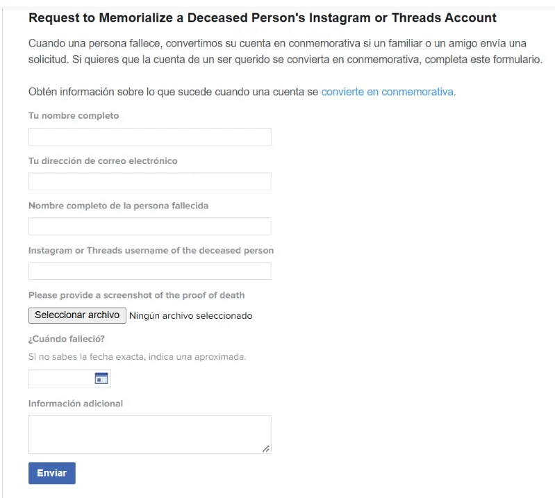 Formulaire à remplir pour un membre de la famille d'une personne décédée sur le compte commémoratif Instagram