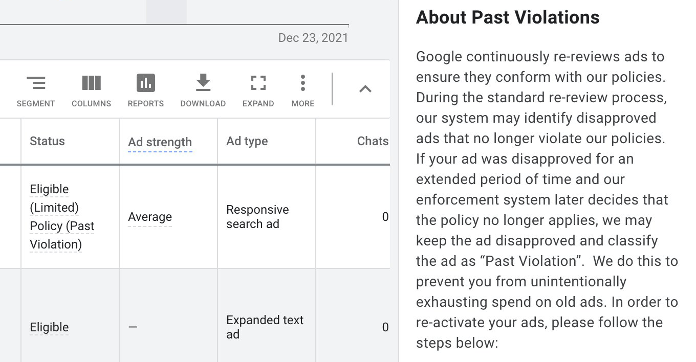 Statut Google Ads Violations passées 1640524895