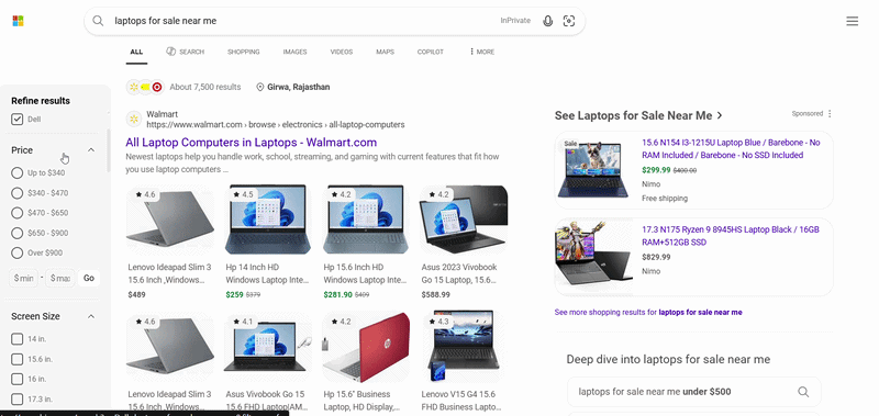 Filtres d'achat de la barre latérale Bing