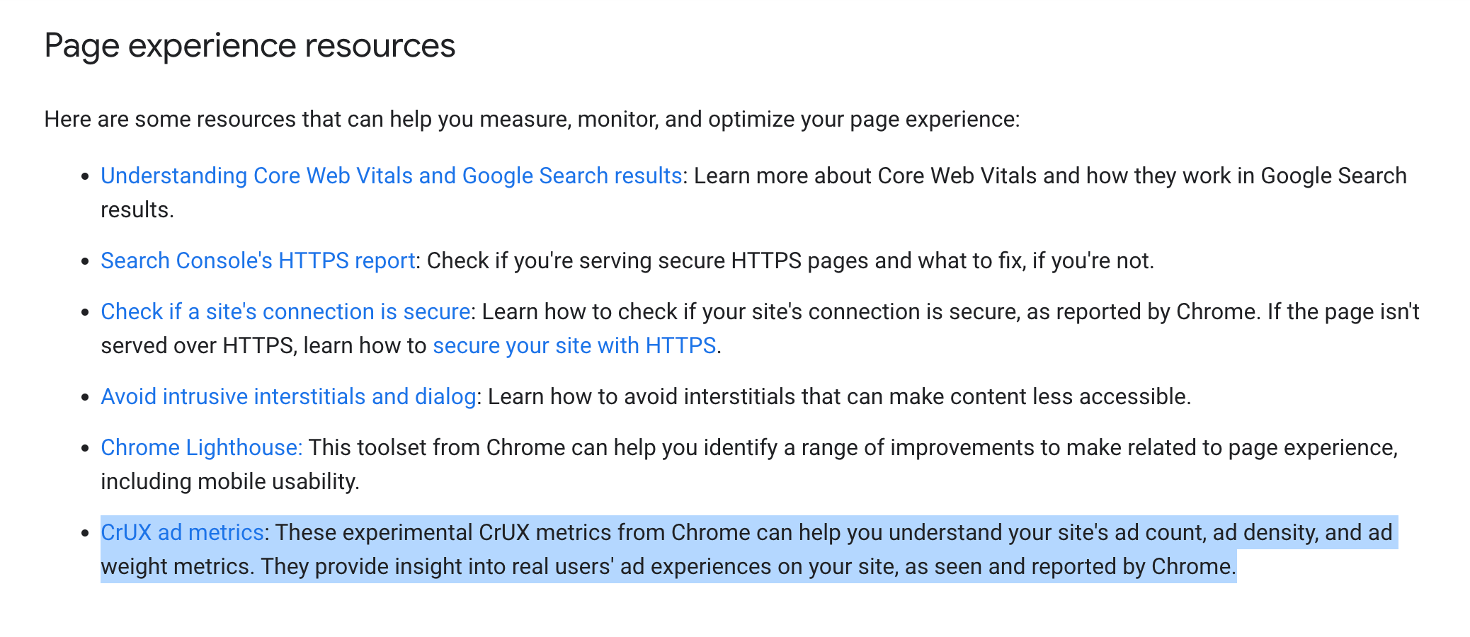 Métriques publicitaires Google Page Experience Crux
