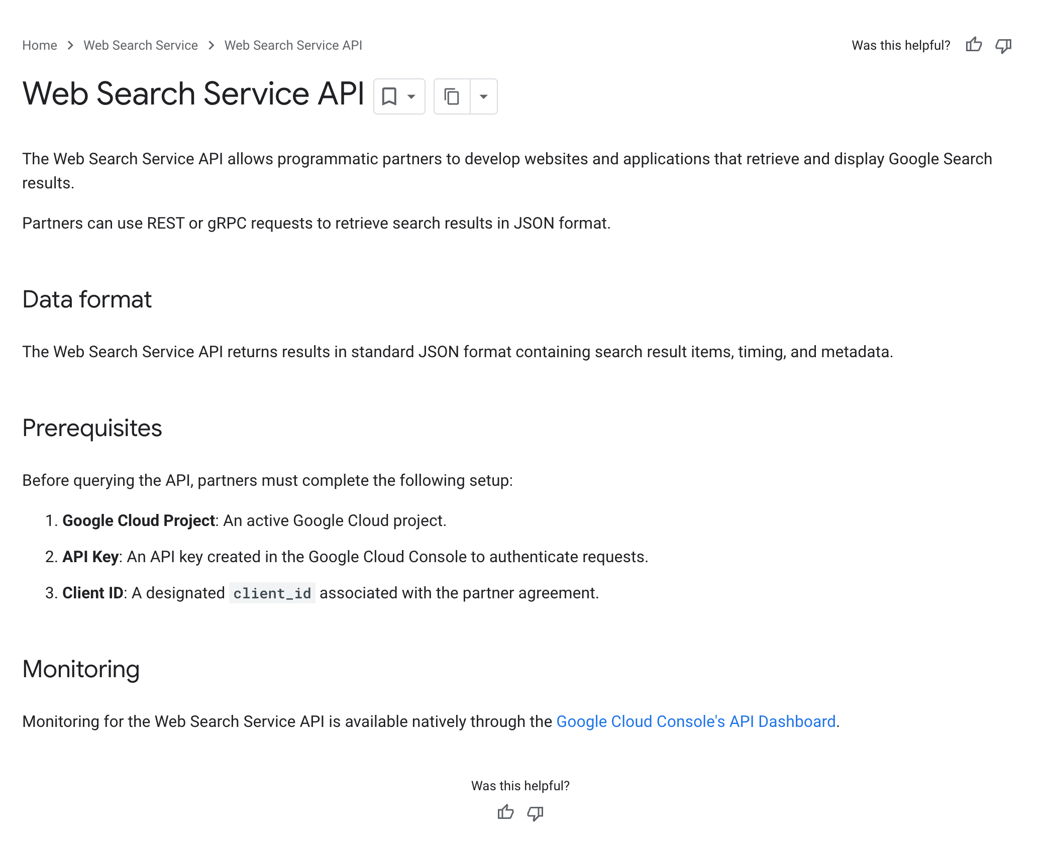 Capture d'écran de l'API du service Web Google