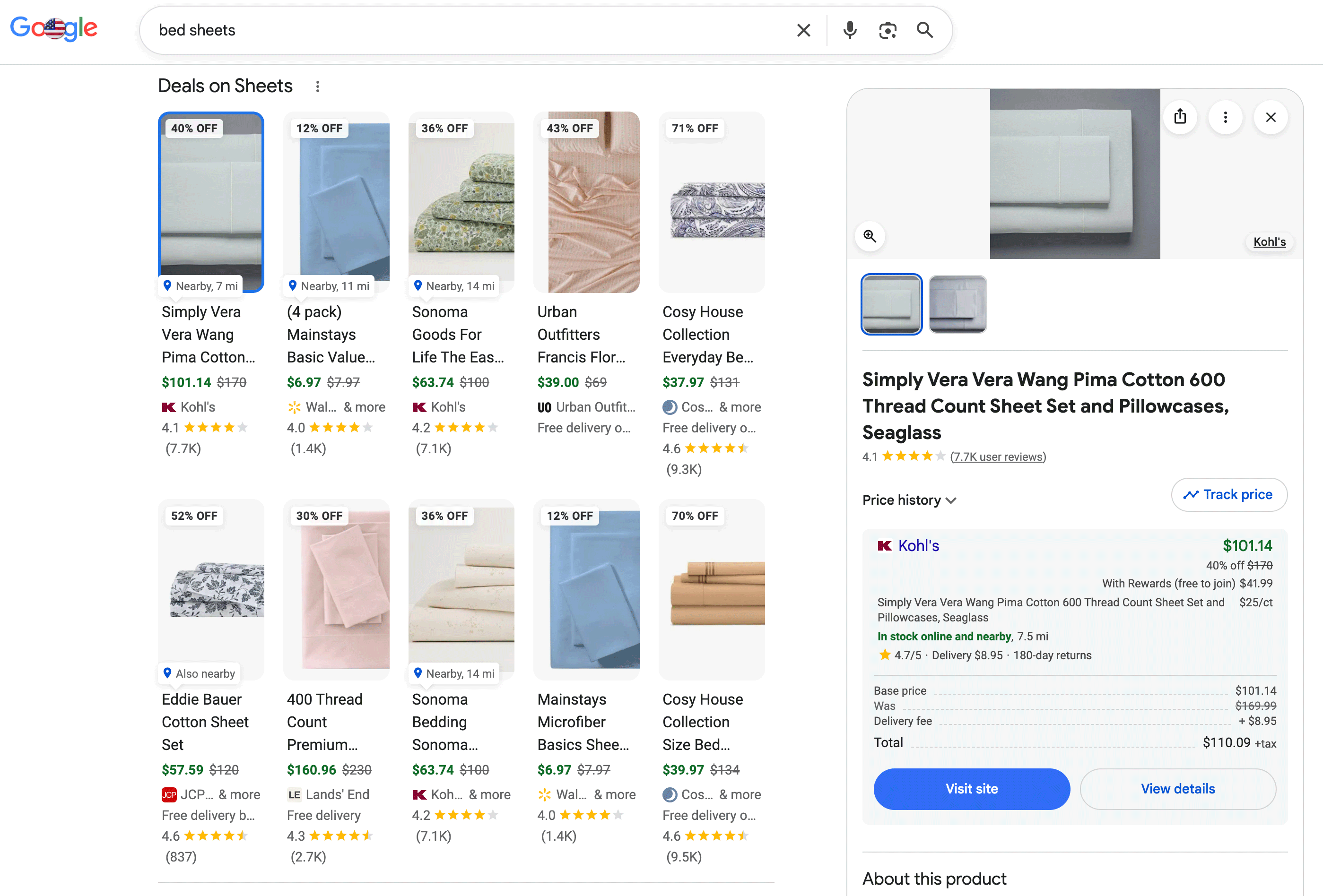 Panneau latéral des résultats des produits Google