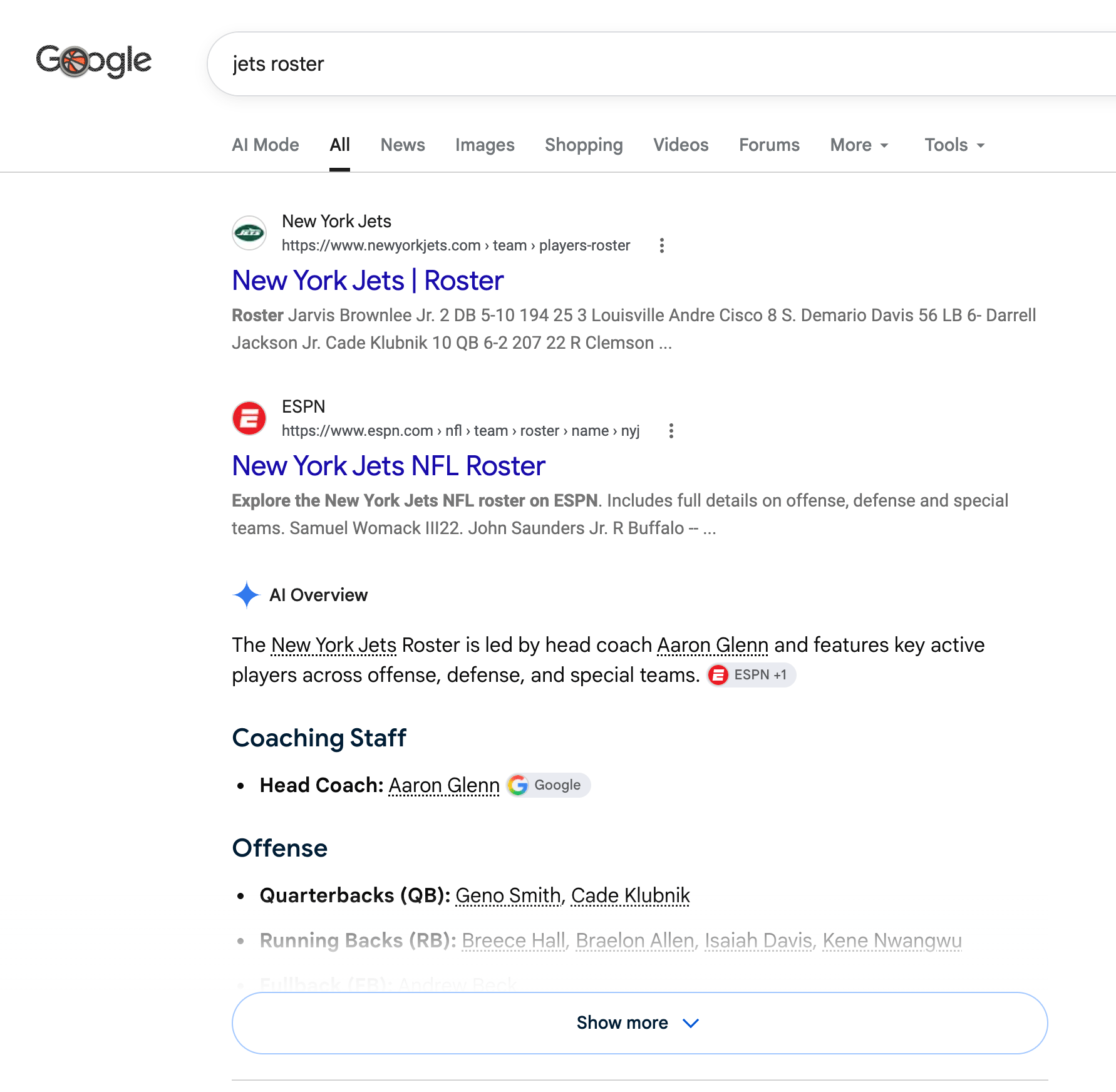 Présentation de la liste des Jets de Google Ai