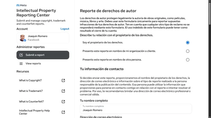 Formulaire pour revendiquer la paternité des images Facebook