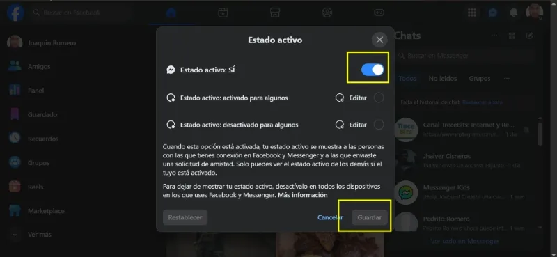 Désactiver le statut actif Facebook Web