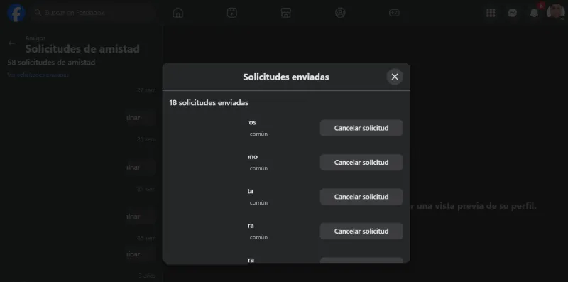 Liste des demandes d'amis envoyées sur Facebook