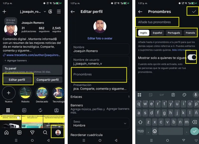 comment ajouter des pronoms sur Instagram