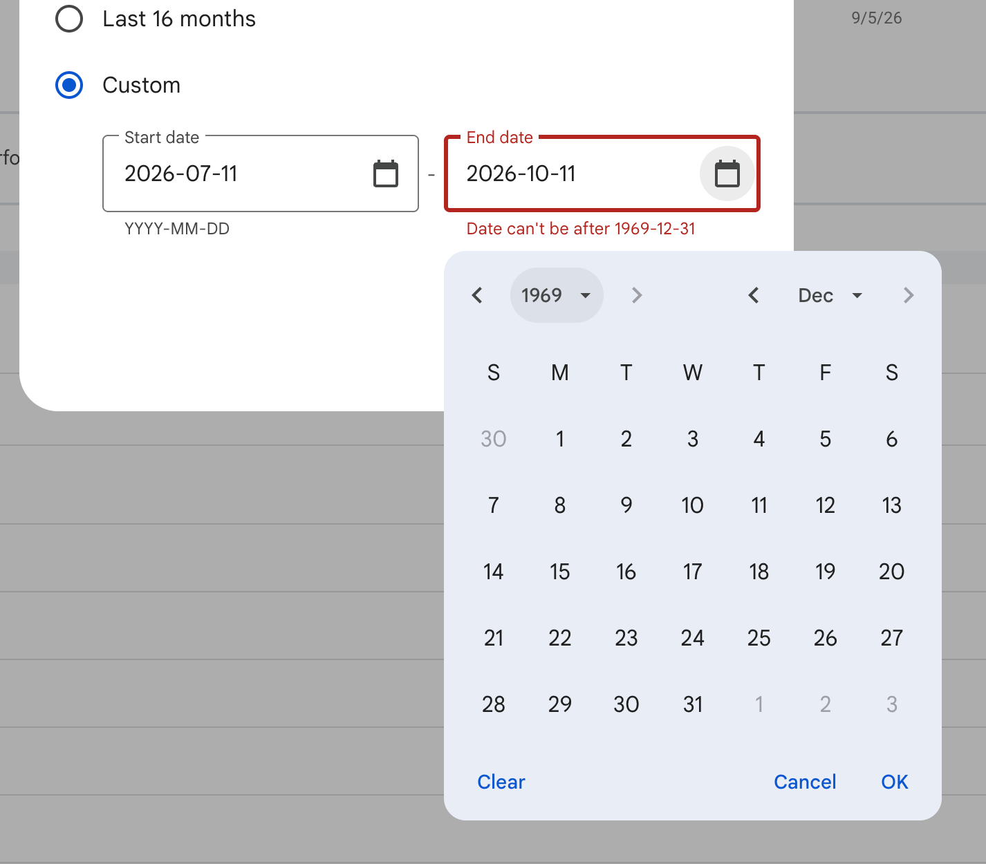 Filtre de date de la console de recherche Google cassé