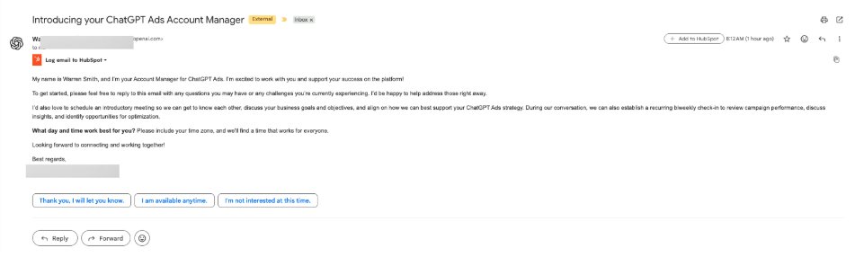E-mail du responsable de compte Openai Chatgpt Ads
