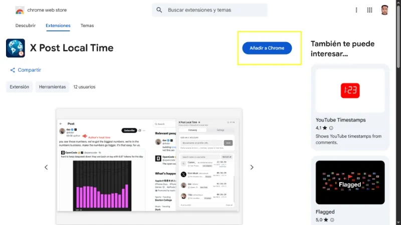 ajouter l'extension X Post Local Time dans Chrome