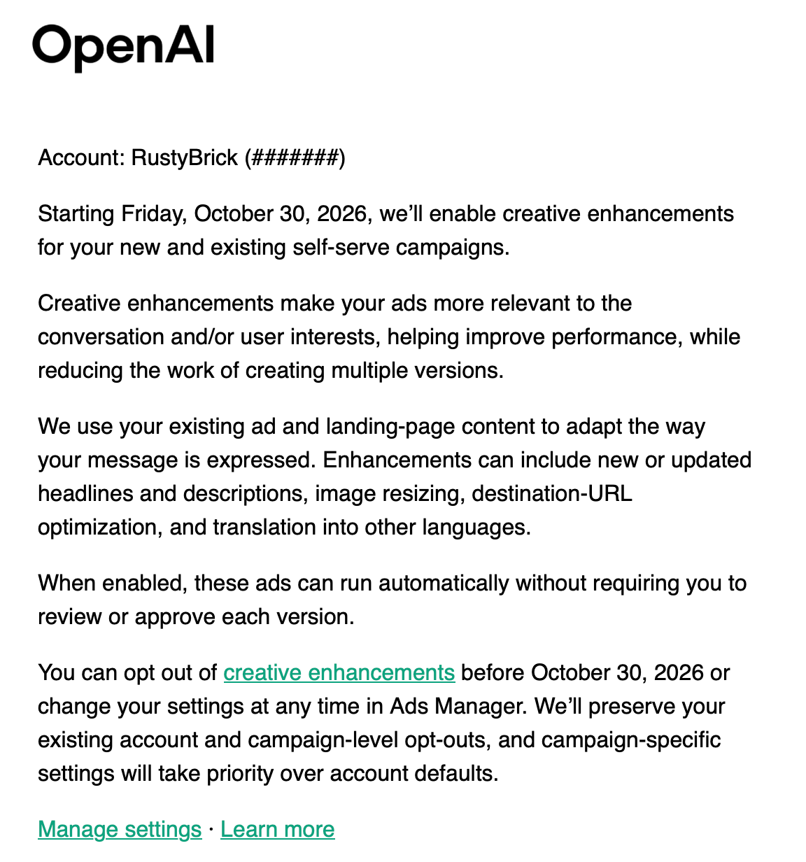 E-mail d'améliorations des créations Chatgpt Ads