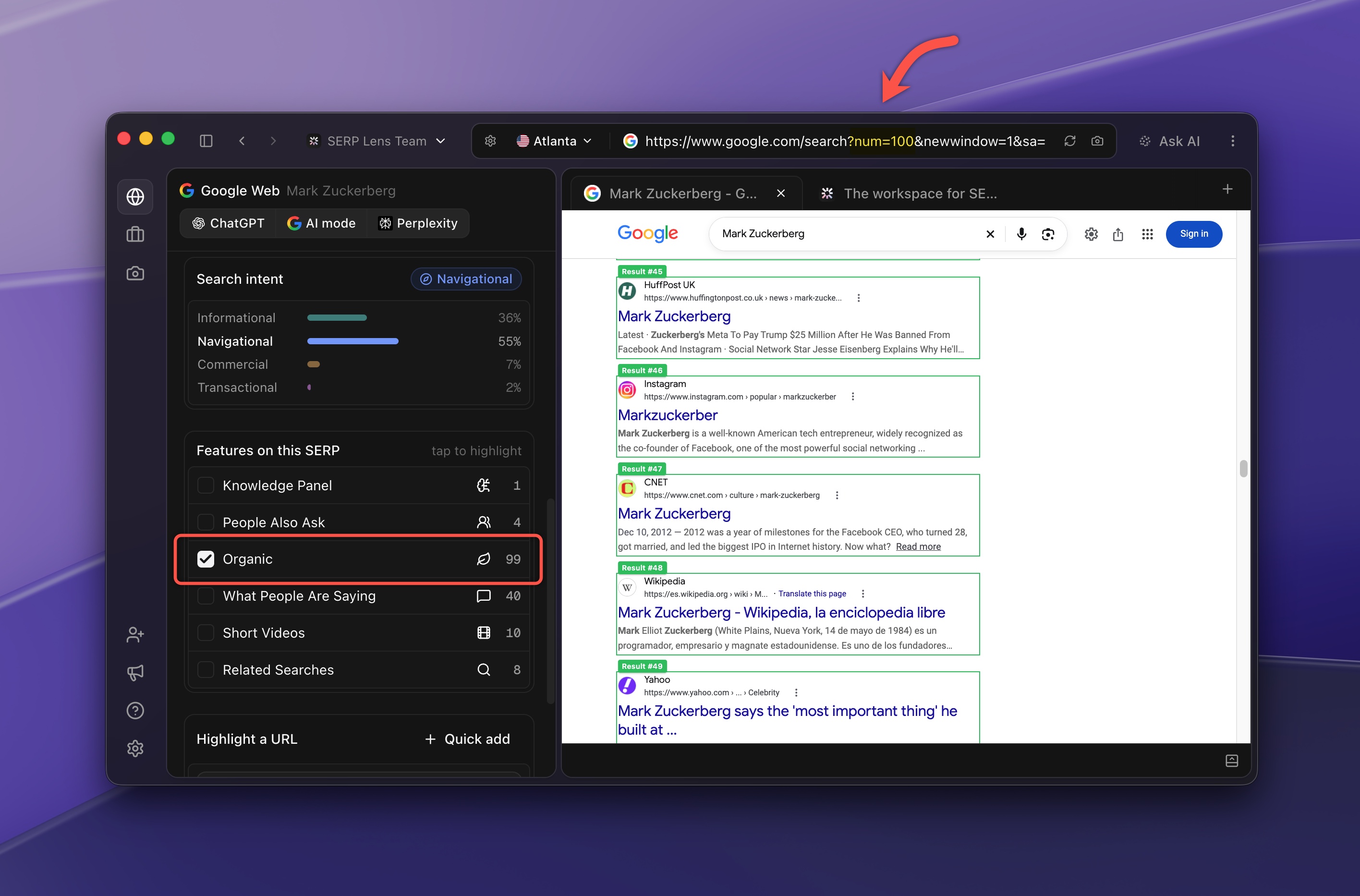 Paramètres de résultats de recherche Google Search 100 Retour