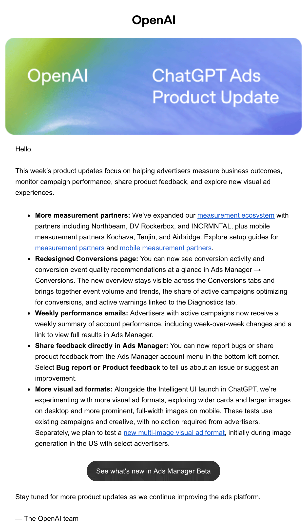 E-mail de mise à jour des annonces Chatgpt
