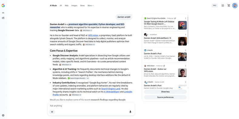 Préférences de source du mode Google Ai
