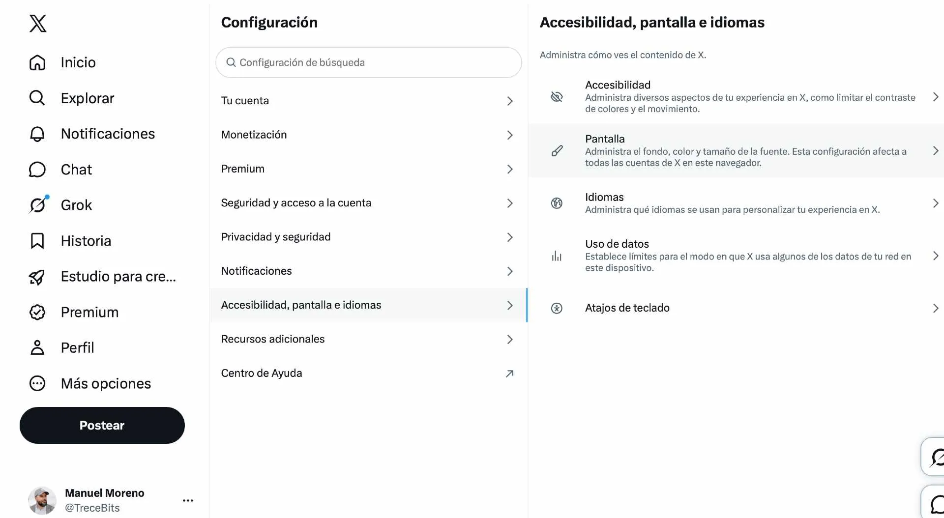 X Menu de l'écran Twitter