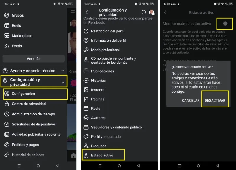 Désactiver l'application Facebook de statut actif