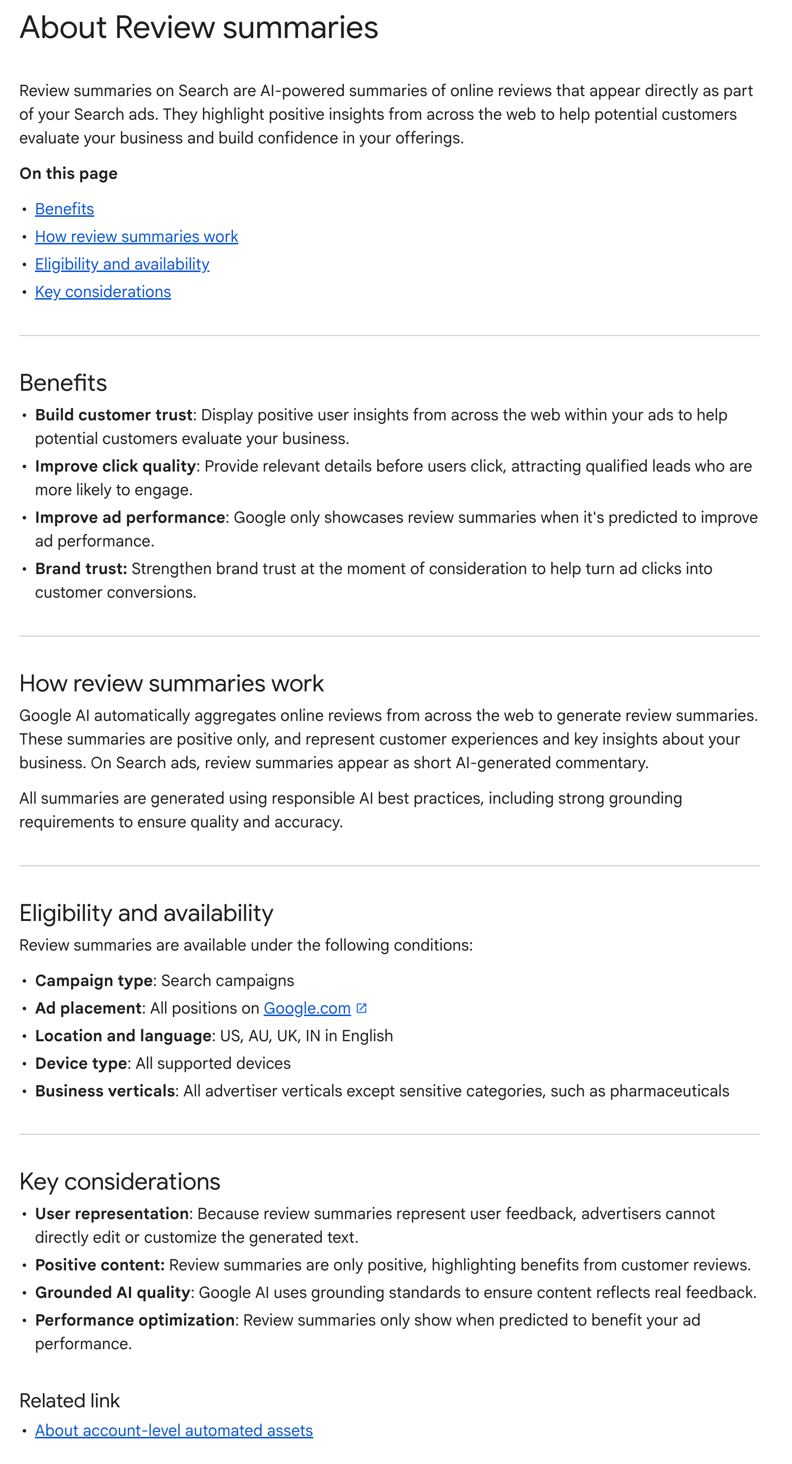 À propos des résumés d'avis Google Ads Doc