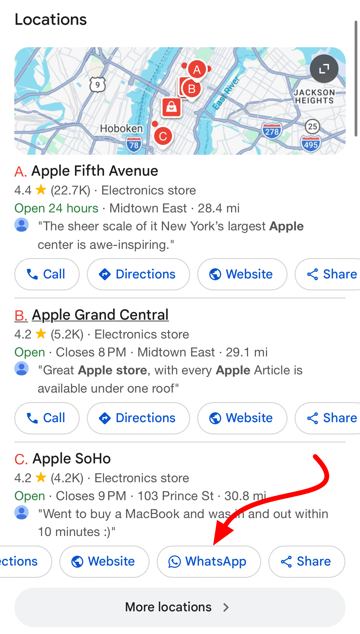 Bouton Whatsapp du panneau local Google