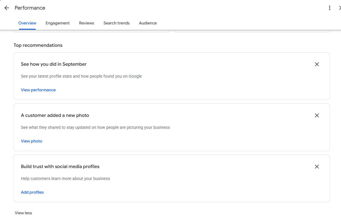 Rapport sur les performances des profils d'entreprise Google Nouvelle présentation générale