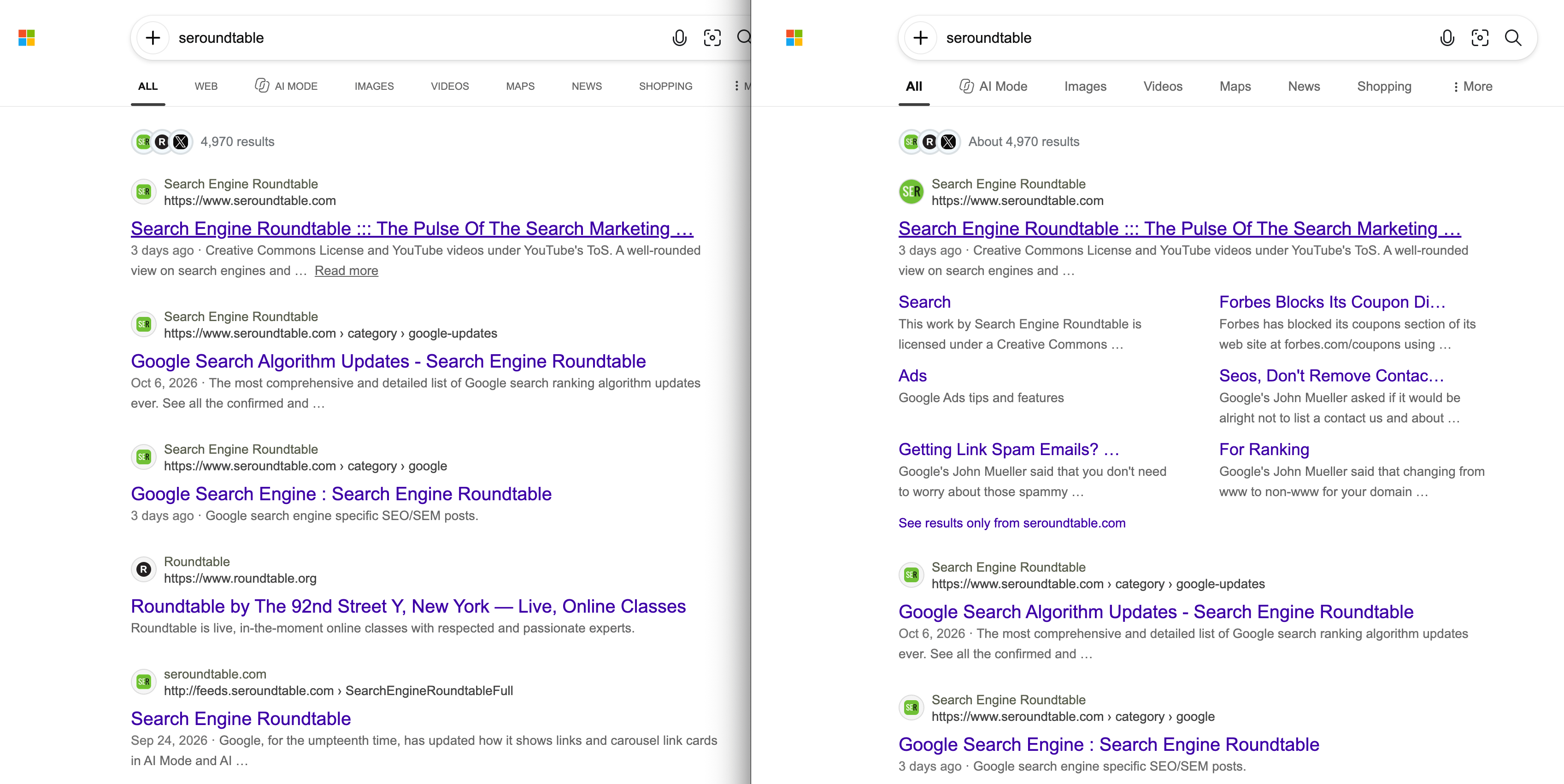 Comparaison Bing sans liens annexes